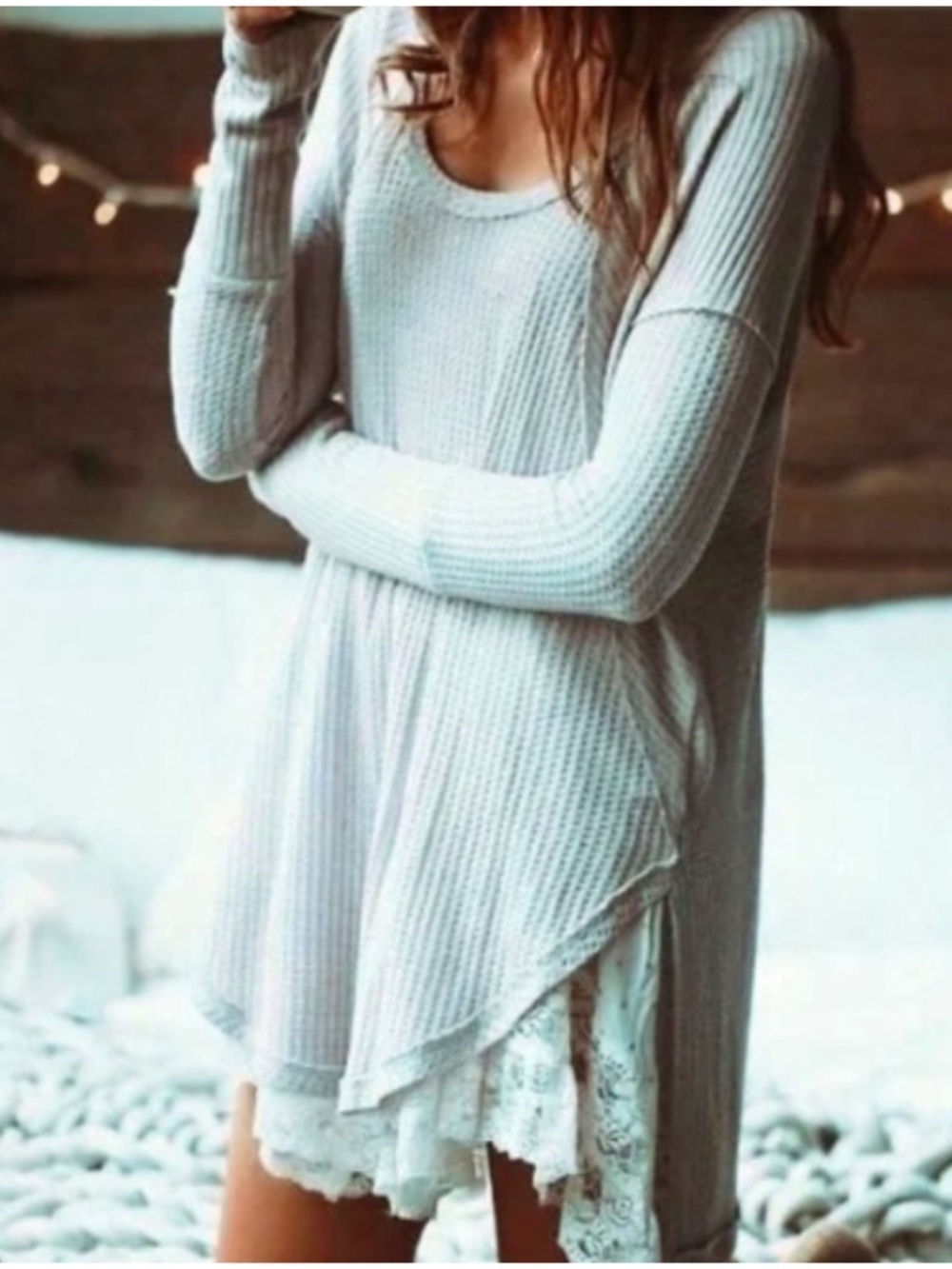 Free People Ventura Thermal Knit Top Long Sleeve Waffle Mint Light Green Large L